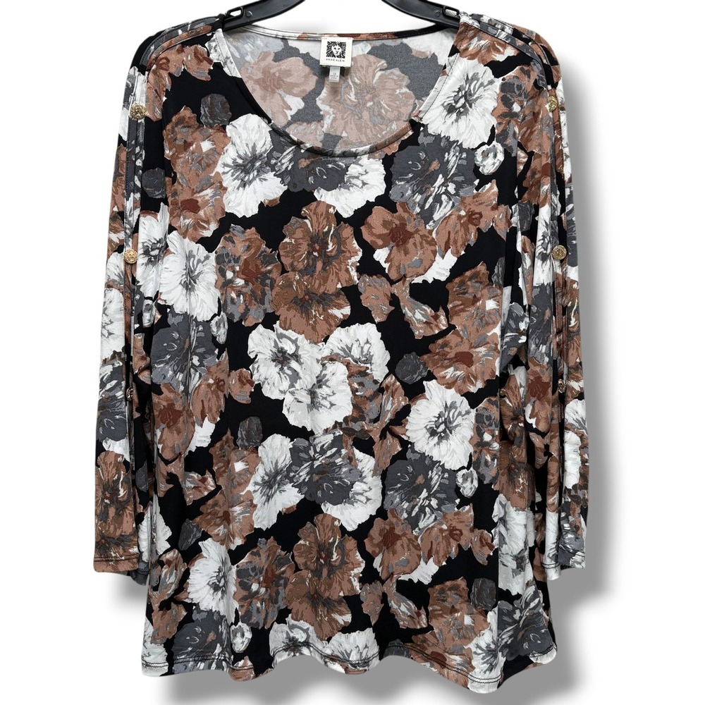Anne Klein Womens 1X Floral Split Sleeve Gold Lion Button Top Black Brown White